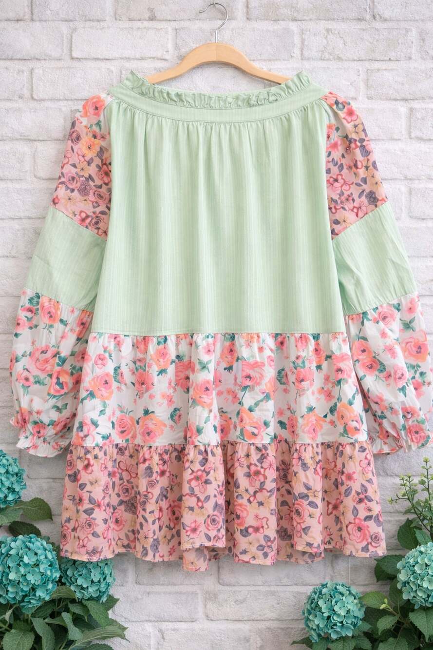 Mint and Pink Floral Block Patch Tiered Ruffle Tunic Blouse - Picture 3 of 4